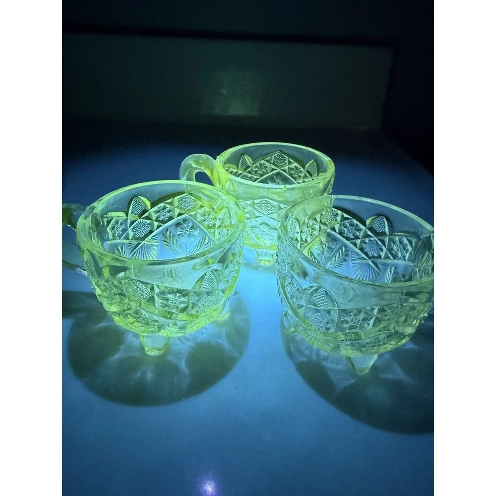 Uranium Glow Indian Glass Gaelic Footed Clear Punch Cup(s) with Handles 3 Total